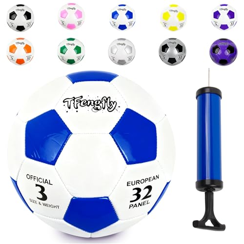 Soccer Ball Size 3 with Pump Needle, Size 3 Trainning Classic White Black Thicker PU Tight Weaved Suitable for Youth Boy League Game Trainning - color: White+Blue