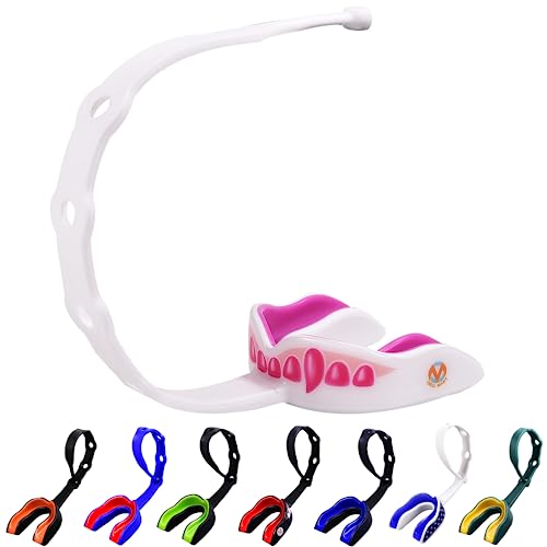 Oral Mart Strapped Mouth Guard for Football, Lacrosse, Ice Hockey, Taekwondo (USA Flag, Fangs, 15+ Colors to Choose from) - Sports Mouthguard with Fixed Strap (Strapped, Youth or Adult) - color: Pinky Fangs, size: Youth (Age 12 & Below)