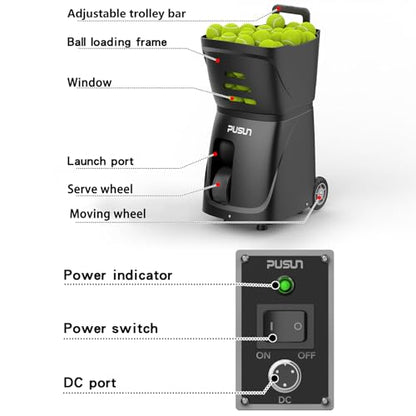 PT-SMART Tennis Ball Machine - Smart App for Apple Watch & Phone Control, Tennis Ball Launcher with 20 Landing Points, 12 Training Modes & 4-6h Battery Life, Tennis Serving Machine - color: Black