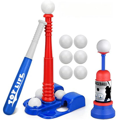 TOY Life Tball Set for Kids 3-5 & 5-8 - Toddler Baseball Tee and Bat Set with Ball Launcher & 6 Balls - Ideal Boy Toy Gift for Outdoor Play and Beginner Training - color: Blue
