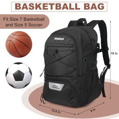 GRANDUP Basketball backpack with ball and shoes compartment Fit Volleyball, soccer, Swim, Gym, Travel, and School, large capacity sports training equipment bags - color: Balck Honeycomb
