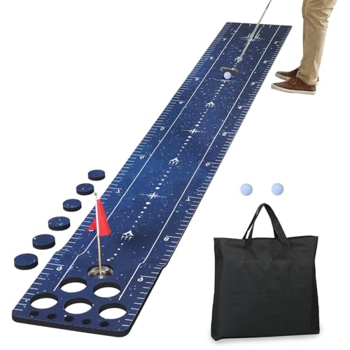 Chriiena Golf Putting Game Mat, Indoor Putting Green Set with 2 Balls, 1 Storage Bag, 1 Flag & Cup, Portable Pong Game Mat for Backyard Party Use - color: Blue
