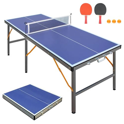 5FT Portable Ping Pong Table, Indoor Outdoor Mid Size Foldable Table Tennis Table, Table Tennis for Rec Room w/ 2 Paddles, 3 Balls, Game Net and Adjustable Feet, Sturdy Iron Frame