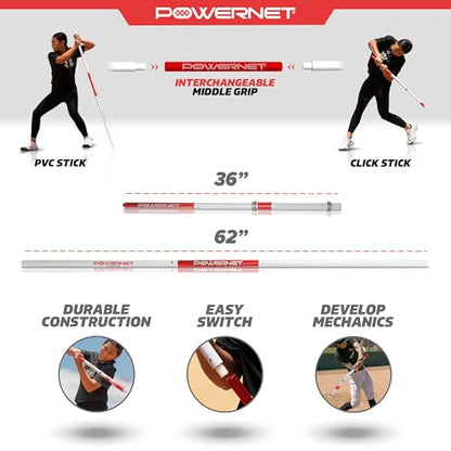 PowerNet Combo PVC/Click Stick Softball & Baseball Swing Trainer, Interchangeable Baseball Hitting Trainer, PVC Training Bat for Drills, Bat Speed Training Equipment