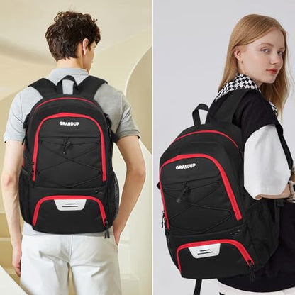 GRANDUP Basketball backpack with ball and shoes compartment Fit Volleyball, soccer, Swim, Gym, Travel, and School, large capacity sports training equipment bags - color: Black With Red Zipper