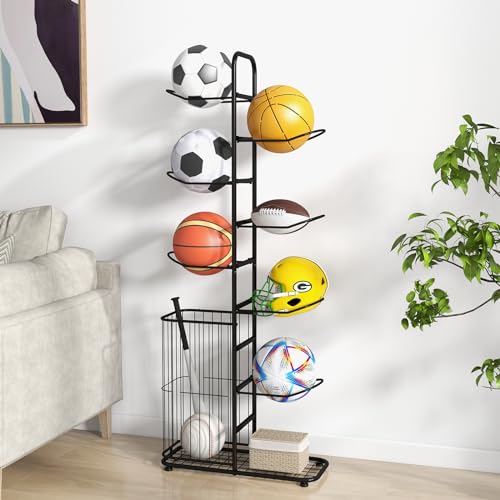 GYMAX Sports Equipment Organizer, Basketball Rack 7-Tier with Removable Hanging Rods, Side Ball Basket, Adjustable Foot Pads, Sports Organizer for Garage, Toy Organizer