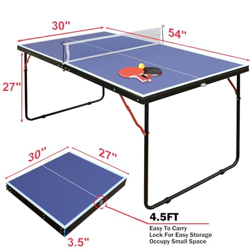 Table Tennis Table Mid-Size, Foldable Ping Pong Table Top Full Size with 2 Paddles, 2 Balls, 1 Net & 4 Wheels, Folding Table Tennis for Indoor & Outdoor, Quick Assembly to Support Multiplayer