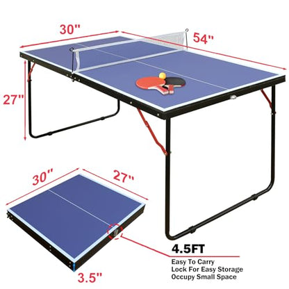 Table Tennis Table Mid-Size, Foldable Ping Pong Table Top Full Size with 2 Paddles, 2 Balls, 1 Net & 4 Wheels, Folding Table Tennis for Indoor & Outdoor, Quick Assembly to Support Multiplayer