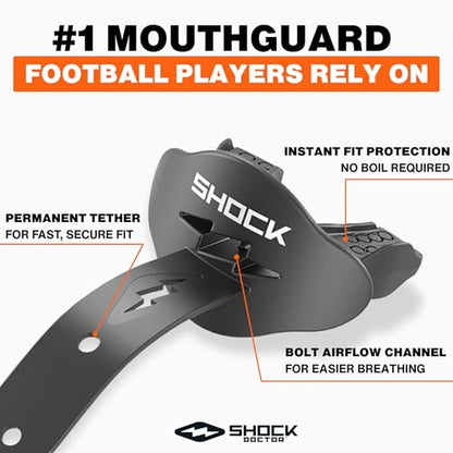 Shock Doctor Bolt Lipguard, Adult Mouth Guard Football with Strap. Mouthguard One Size Fits All - color: Black/White Lux