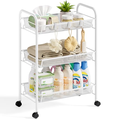SYKIARIOL Metal Rolling Utility Cart, 3-Tier Mesh Wire Storage Trolley with Easy Assembly, Organizer Craft Cart 3 Hooks, Mobile Shelving Unit for Kitchen, Bathroom, Laundry Room, and Home - color: White, size: 3-Tier