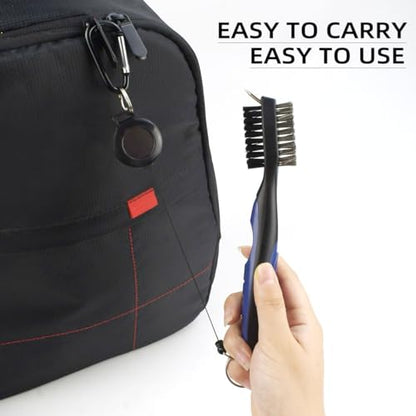 Golf Club Brush and Groove Cleaner Retractable Zip-Line Golf Cleaning Tool Golf Club Brushes with Aluminum Carabiner Oversized Head Spike Non-Slip Handle Grip Golf Club Cleaner Golf Bag Brush Tools