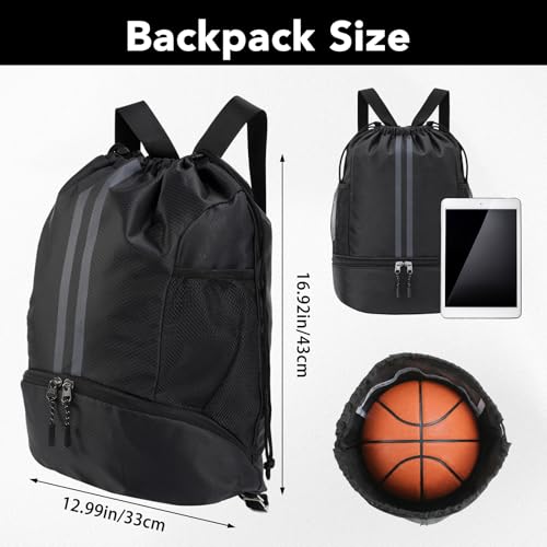 Pimoys Drawstring Backpack Gym Bag, Waterproof String Backpack with Side Mesh Pockets, Beach Bag for Basketball, Soccer, Swim, Wrestling Bag for Women Men