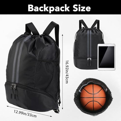 Pimoys Drawstring Backpack Gym Bag, Waterproof String Backpack with Side Mesh Pockets, Beach Bag for Basketball, Soccer, Swim, Wrestling Bag for Women Men
