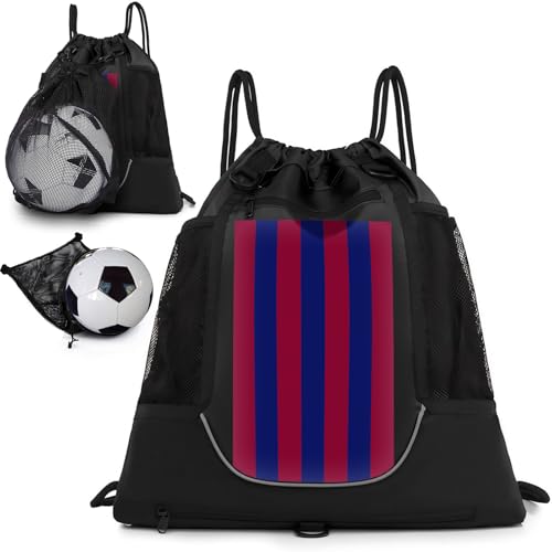 KAEGREEL Drawstring Soccer Bag Basketball Backpack for Kids Teens, Foldable Sports Bags Detachable Ball Mesh Bag for Gym Yoga Football Baseball - color: Black with Red & Blue Stripes