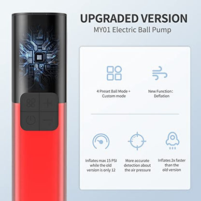 Pumteck MY01 Electric Ball Pump with Inflation & Deflation, Accurate Pressure Gauge and 4 Preset Modes, Automatic Ball Pump for Basketball, Soccer, Football and Volleyball (Max 15 PSI) - color: Red