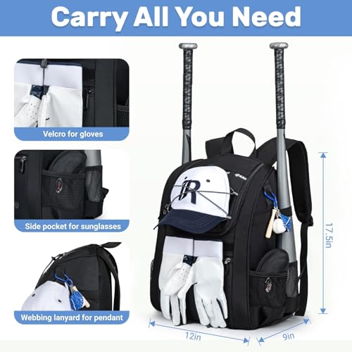 KAVIGOR Youth Baseball Bag, Softball Bag for Girls & Boys, Kids Tball Backpack with Shoes Compartment - color: Black