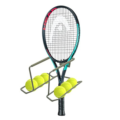 Wall Mounted Metal Tennis Racket Holder - Heavy-Duty Steel Hanging Badminton Racket Storage Rack Ping Pong Paddle Holder Holds 8 Balls 5 Racquets with Hardware and Anti-Scratch Silicone Tube