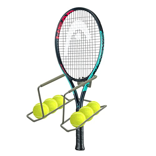 Wall Mounted Metal Tennis Racket Holder - Heavy-Duty Steel Hanging Badminton Racket Storage Rack Ping Pong Paddle Holder Holds 8 Balls 5 Racquets with Hardware and Anti-Scratch Silicone Tube