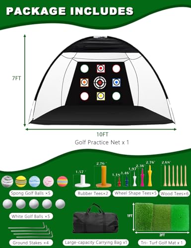 Golf Practice Net and Mat, 10x7FT Golf Net with Tri-Turf Mat & 10 Balls, Hitting Aid Nets for Backyard Driving Chipping Training Swing with Target Mat Balls for Outdoor Indoor, Gifts for Men/Dad/Him