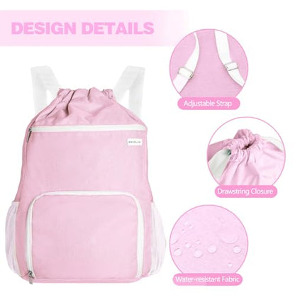 BAVELOE Drawstring Backpack with Wet Pocket & Shoe Compartment, Water-Resistant Sports Gym Swim String Bag for Women Men(Pink) - color: Pink