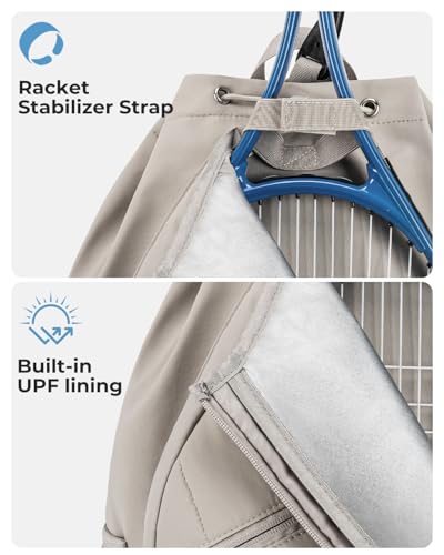 Drawstring Tennis Backpack, Puffer Tennis Racket Bag with Shoe Compartment & Wet Pocket Gym Bag for Women, Suitable for Pickleball Tennis Badminton - color: Camel