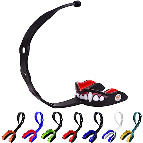 Oral Mart Strapped Mouth Guard for Football, Lacrosse, Ice Hockey, Taekwondo (USA Flag, Fangs, 15+ Colors to Choose from) - Sports Mouthguard with Fixed Strap (Strapped, Youth or Adult) - color: Vampire Fangs, size: Youth (Age 12 & Below)