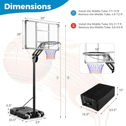Goplus Basketball Hoop Outdoor, 4.9-10FT Height Adjustable Portable Basketball Stand System w/Shatterproof Backboard, 2 Wheels, Fillable Base, Free Weight Bag, Basketball Goal for Teens Youth Adults