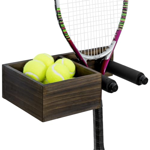 MyGift Wall Mounted Tennis Equipment Organizer Rack, Ping Pong Paddle Holder, Rustic Burnt Solid Wood Ball Storage Bin Basket and Industrial Black Metal Pipe Racket Hanging Holder