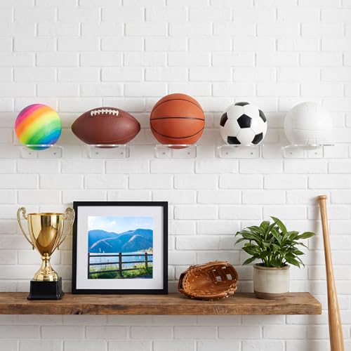 4 Pcs Basketball Holder Wall Mount, Acrylic Ball Display Rack Wall Mount Clear Sports Ball Storage Hanger for Football Soccer Volleyball Rugby