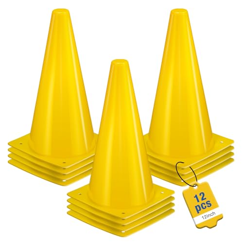 12 Inch Durable Cones,12pcs Versatile Plastic Traffic Cones and Soccer Cones for Sports Training,Agility Drills,Parking Safety,Basketball Training,Football Training. - color: yellow