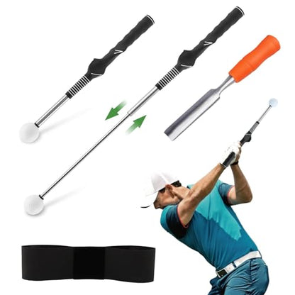 Retractable Golf Swing Trainer, Portable Golf Swing Training Aid for Left-Handed Grip Correction Click Feedback & Arm Connection with Grip Scraper for Indoor Outdoor Practice