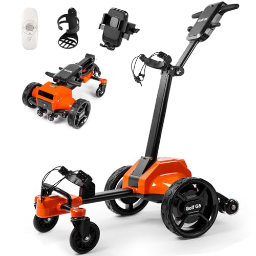 tianhong G5 Electric Golf Cart,Electric Golf Push cart Auto-Follow You,45 Hole Battery,All-Terrain Anti-Tipping,Electric Golf Push cart with Remote(APP/Manual Control), Foldable,Black+Orange - color: Black + Orange