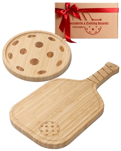 Pickleball Charcuterie Board Set – Bamboo Cheese & Cutting Board | 17" Paddle Board with Handle + 8.5″ Round Plate – Perfect Gifts for Pickleball Fans & Club Gatherings