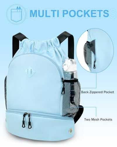 RHDZO Drawstring Backpack Gym Backpack with Shoe Compartment for Men Women String Sports Bag with Wet Pocket Cinch Swim Beach Bag, Large Blue - color: Large Blue