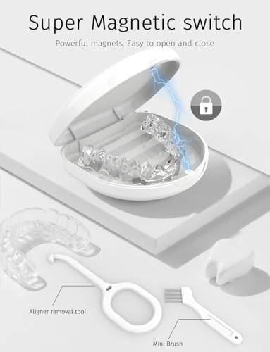 HEMILAB Retainer Case, Compatible with Invisalign, Vivera, Slim Aligner Case with Vent Holes, Portable Orthodontic Container with Removal Tool, Brush and Lanyard, White