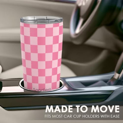 SANDJEST Checkered Tumbler 20oz Stainless Steel Insulated, Checker Travel Coffee Cup, Bow Gifts for Women Girls Teen, Birthday Christmas (Pink) - color: Checker (Pink)