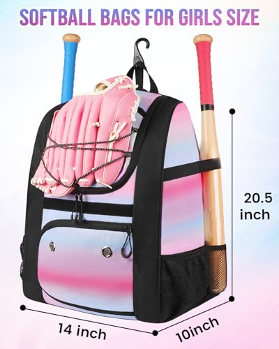MATEIN Softball Bag, Lightweight Baseball Backpack with Shoe Compartment, Baseball Bag with Fence Hook for TBall Bat & Equipment, Softball Gifts Catchers Backpack for Women Fit Catcher’s Mitt, Helmet - color: Pink - Large