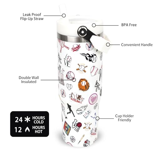 30 oz Tumbler with Handle Flip Straw Leak Proof - Baseball Mom Cup 30oz Tumbler Travel Coffee Mug with Handle - Birthday Gifts for Women Baseball Mom Mama Mothers Day 30 Ounce Stainless Steel Cup - color: Baseball Mom