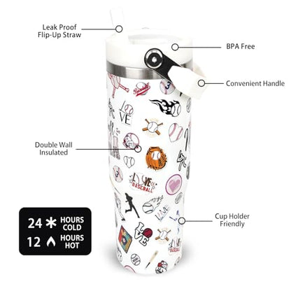 30 oz Tumbler with Handle Flip Straw Leak Proof - Baseball Mom Cup 30oz Tumbler Travel Coffee Mug with Handle - Birthday Gifts for Women Baseball Mom Mama Mothers Day 30 Ounce Stainless Steel Cup - color: Baseball Mom