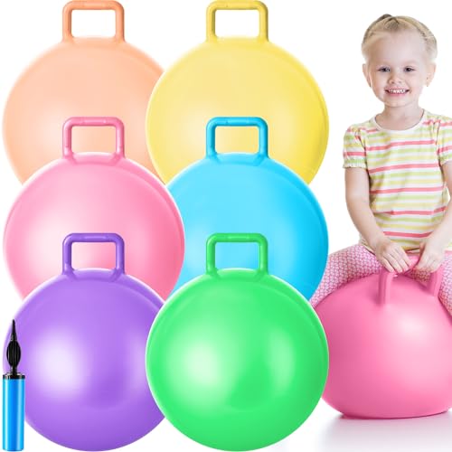 Lewtemi 6 Pcs Hopper Ball Carnival Outdoor Games 18 Inch Jumping Hopping Inflatable Bouncing Ball with Handle and Air Pump for Sport Exercise - color: Light Colors, size: 18 Inch