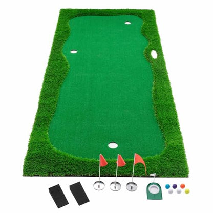 Golf Putting Green Mat 12x5 FT Indoor Outdoor Practice Training Aid with 3 Holes, Cups and Flags, Premium Turf, Slope Pads and Movable Cup for Home, Office, Backyard