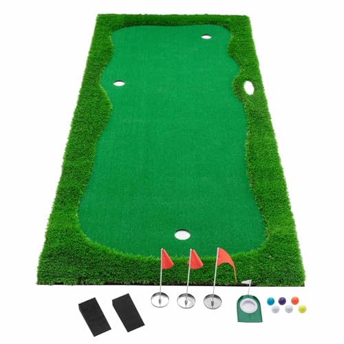 Golf Putting Green Mat 12x5 FT Indoor Outdoor Practice Training Aid with 3 Holes, Cups and Flags, Premium Turf, Slope Pads and Movable Cup for Home, Office, Backyard