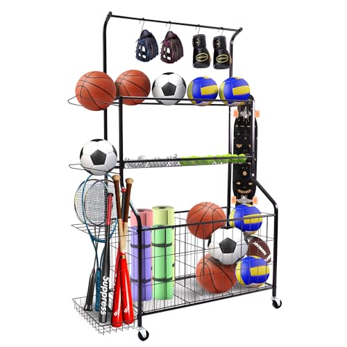 Sport euipment Storage, Garage Sports Equipment Organizer, Ball Storage Rack for Sport Gear, Rolling Sports Ball Storage Cart with Wheels, Indoor/Outdoor