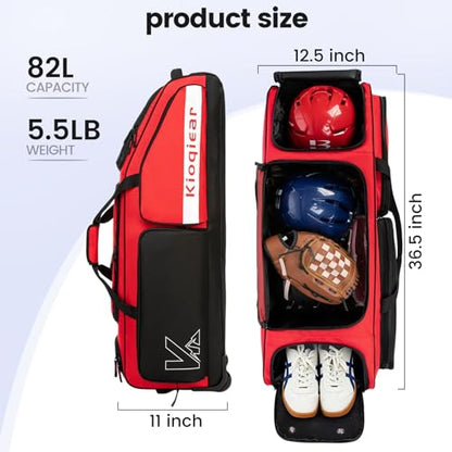 Catchers Gear Bag with Wheels for 4 Bats, Rolling Baseball Softball Bag With Multi-Pockets, Fence Hook, Holds All Baseball Equipment. - color: Red