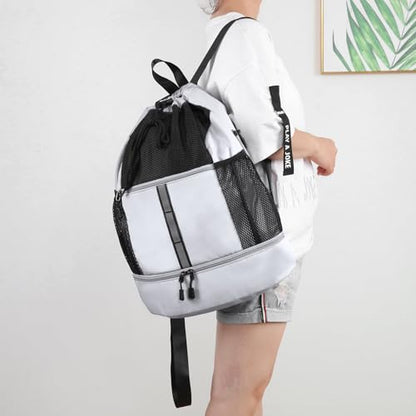 Valleycomfy Drawstring Gym Bag Sports Backpack With Shoe Compartment and Reflective Strips White - color: White