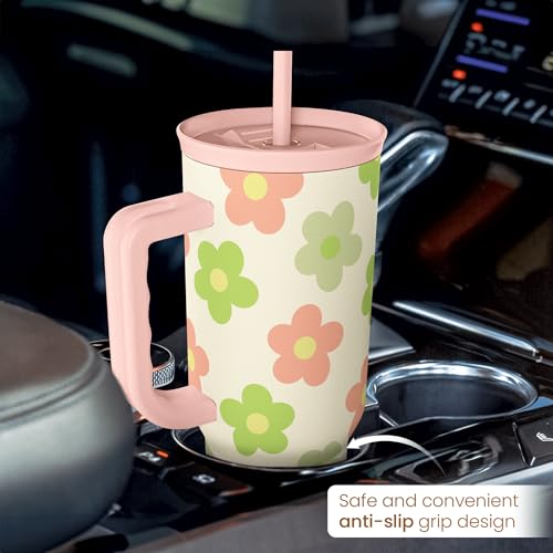 SANDJEST Daisy Tumbler with Handle 40oz, Floral Cup Stainless Steel Insulated Tumblers Coffee Travel Mug with Straw, Flower Cups Gifts for Women Girls Teens Birthday Christmas - color: Daisy