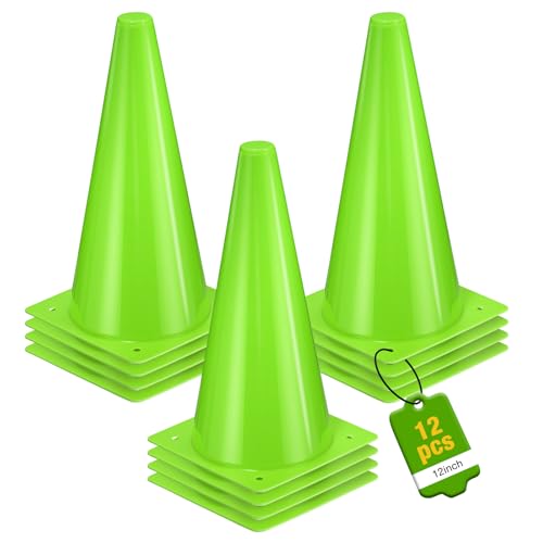 12 Inch Durable Cones,12pcs Versatile Plastic Traffic Cones and Soccer Cones for Sports Training,Agility Drills,Parking Safety,Basketball Training,Football Training. - color: green