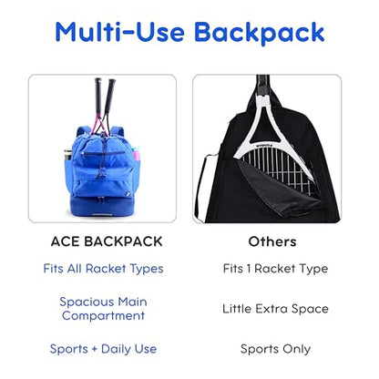 J World Ace 2 Racket Tennis Backpack for Women Men. Badminton Squash Pickleball Bag. Kids Sports Gym Bag w/Shoe Compartment - color: Navy