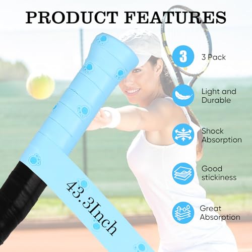 Tennis Racket Grip Tape, Ultra Thin Tacky Tennis Overgrip for Sweat Absorption & Control – Durable Anti-Slip Replacement Grip for Tennis, Badminton & Pickleball (3 Pack) - color: CAT BLUE