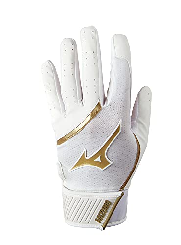 Mizuno MVP Adult Baseball Batting Gloves | Pair | Adult, Youth, and TBall | Nonslip Palm | FlexMesh Back | QuikAdjust Wrist Tab - color: White/Gold, size: Large, style: MVP Youth Baseball Batting Glove